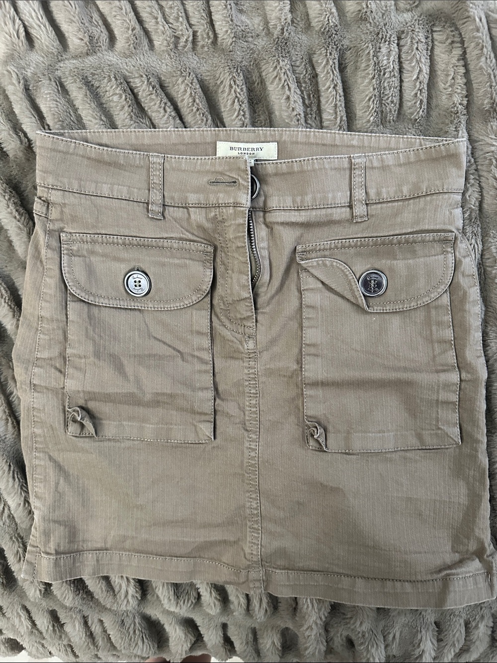 Vintage Burberry Khaki Pocket-Front Mini Skirt